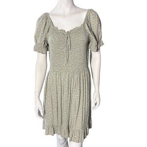 Plus Size 90's Milkmaid Dress Smocked Puffed Sleeves Ruffle Green Floral 1X